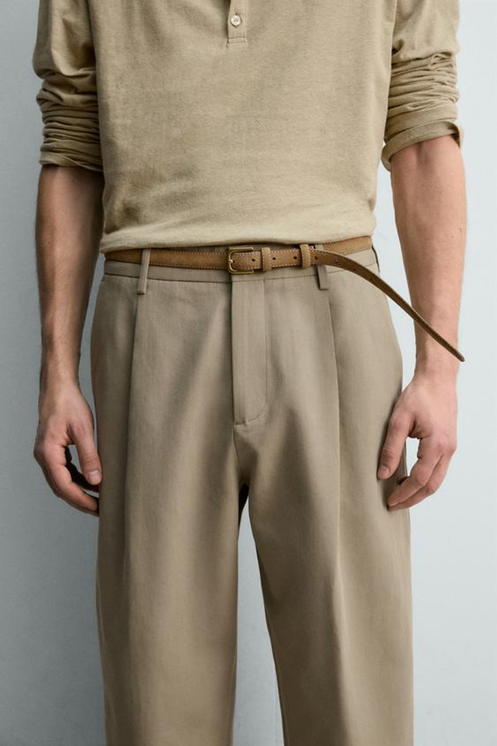 ZARA БРЮКИ ПРЯМОГО КРОЯ СО СКЛАДКАМИ - LIMITED EDITION, СВЕТЛЫЙ ХАКИ