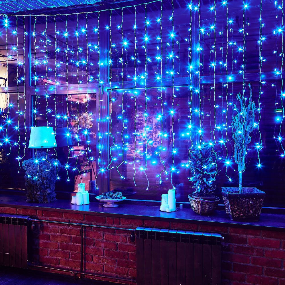 ULD-C3020-240-TTK BLUE IP44 Занавес светодиодный с эффектом мерцания. 3х2м. Соединяемый. 240 светодиодов. Синий свет. Провод прозрачный. TM Uniel