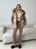 Пуховик Fresh миди с поясом песочный