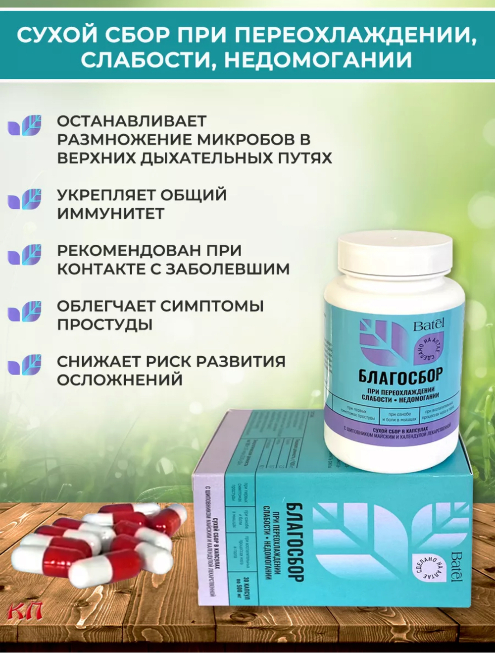 Сухой сбор в капсулах при переохлаждении, слабости, недомогании «Благосбор» 30капсул