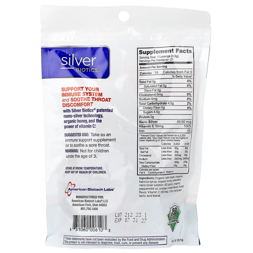 American Biotech Labs, Silver Biotics®, леденцы с витамином C, с апельсиновым вкусом, 21 леденец, 85 г (3 унции)