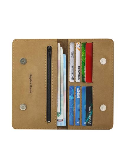 Фото высокого кошелька Лев из светло-коричневого нубука, развернутый вид с наполнением.