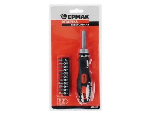 Отвертка реверс, адаптер 1/4, биты: SL4, SL5.5, SL6.5, PH1, PH2, PZ1, PZ2, TORX10, TORX15, TORX20 сталь ЕРМАК