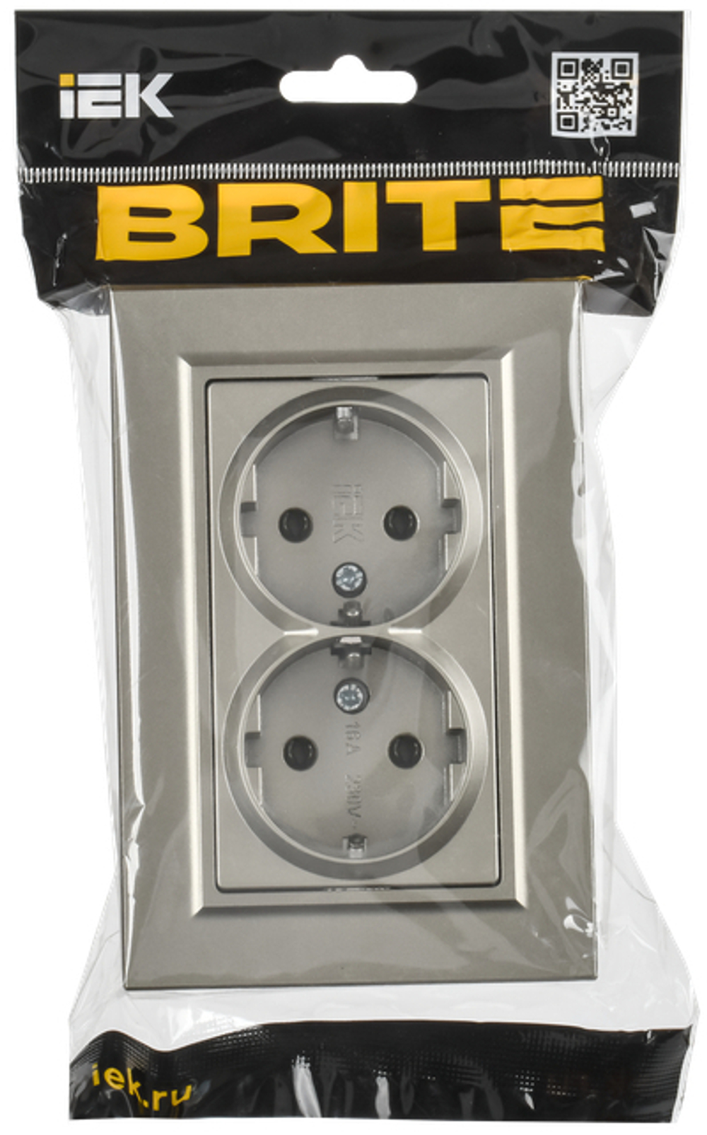 BRITE Розетка 2-местная с заземлением без защитных шторок плоская 16А в сборе РСПл12-3-БрШ шампань IEK