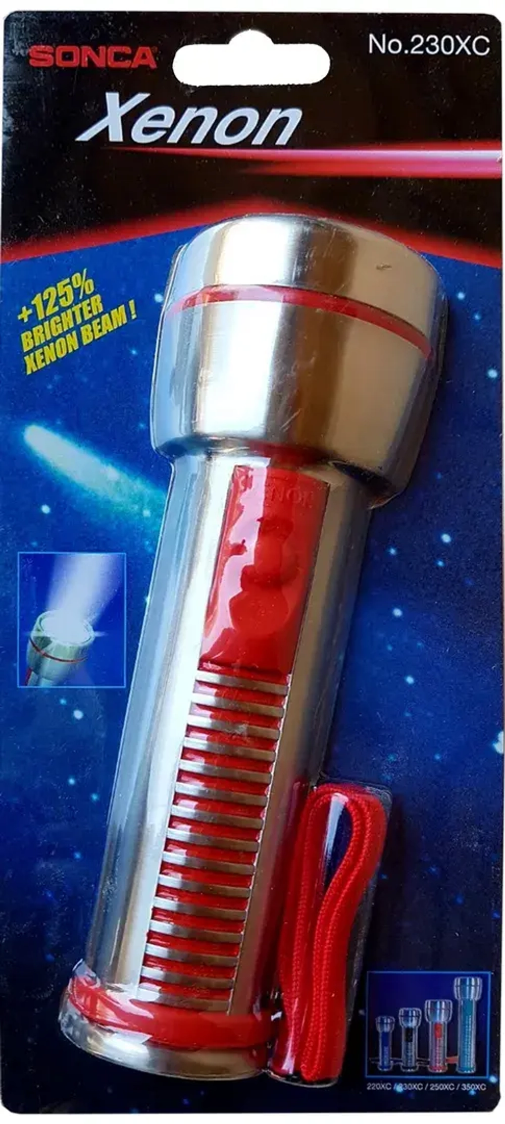 Фонарик переносной светодиодный влагонепроницаемый Sonca Ксенон(HPx21, 2.4V, 0.80A, 2xC/R16/UM2, яркость луча увеличена на 125%), в блистере Sonca 230XC