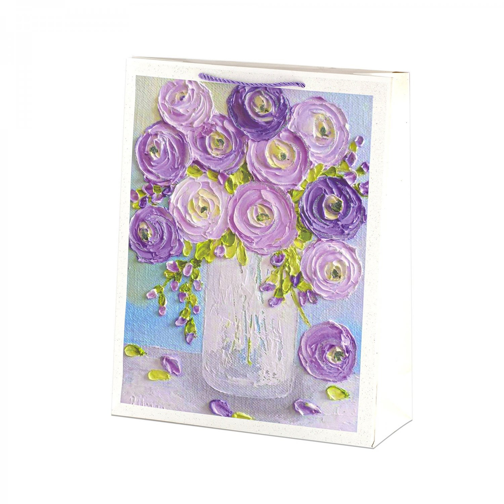 Пакет подарочный бумажный Alingar, (L+) 26х32х10 см, вертикальный, "Цветы маслом", матов. ламинация, глиттер, ассорти