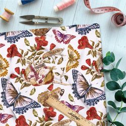 Ткань шелк Армани красные цветы, гранаты и бабочки