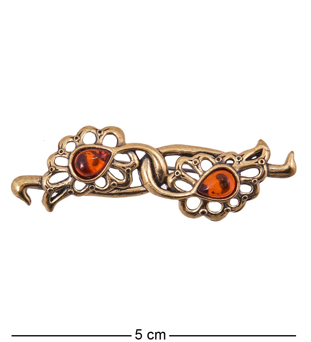 AM-3845 Брошь «Перышки Павлина» (латунь, янтарь)