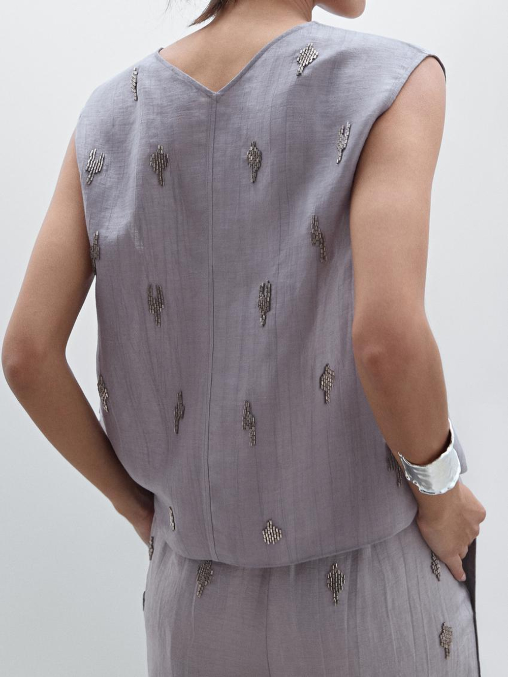 Massimo Dutti Топ из 100% льна с вышивкой из бисера, фиолетовый