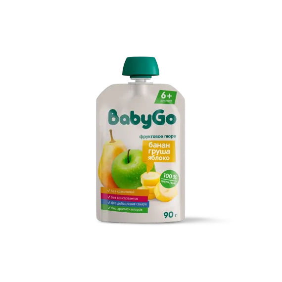Пюре фруктовое Baby Go фруктовый салатик (банан-груша-яблоко) 90г с 6месяцев