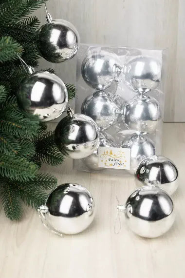 Набор пластиковых шаров Анет 80 мм., серебро глянцевый, 6 шт., ЕлкиТорг (150329)