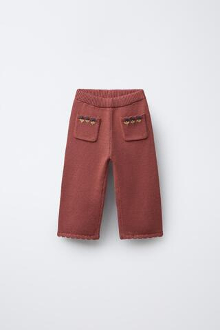 ZARA ТРИКОТАЖНЫЕ БРЮКИ С ВЫШИВКОЙ В ВИДЕ ЦВЕТОВ, ТЕРРАКОТОВЫЙ
