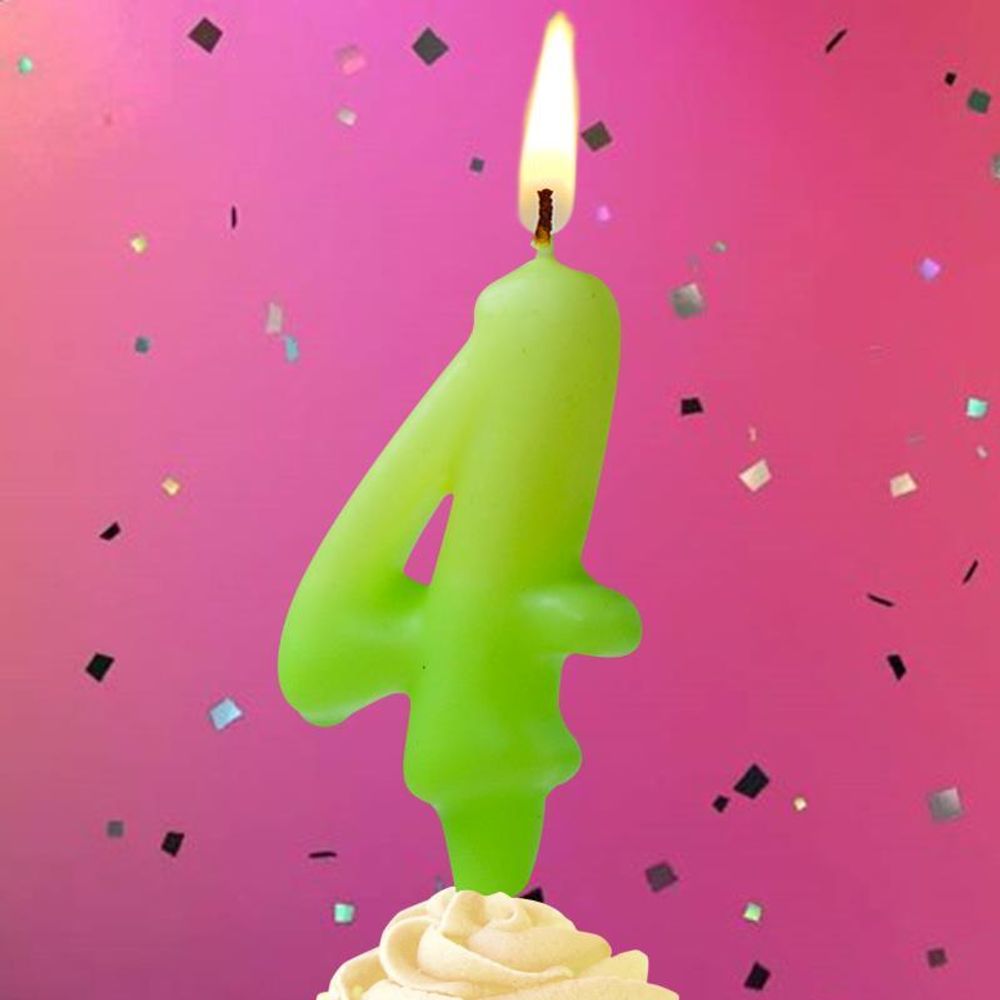 Свеча Цифра, 4 Люминесцентная, Флуор, 8 см, 1 шт.