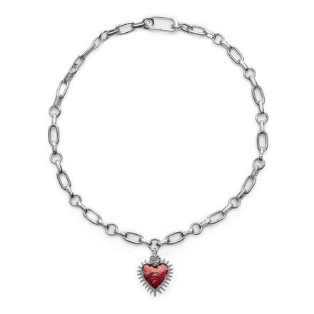 Латунная цепочка с большим Красным сердцем и Розой, silver