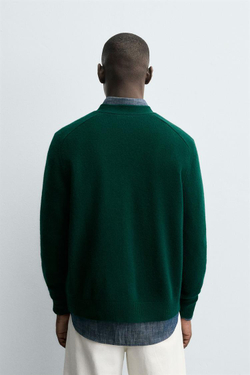 ZARA КАРДИГАН REGULAR FIT ИЗ СМЕСОВОЙ ШЕРСТИ, ЗЕЛЕНЫЙ