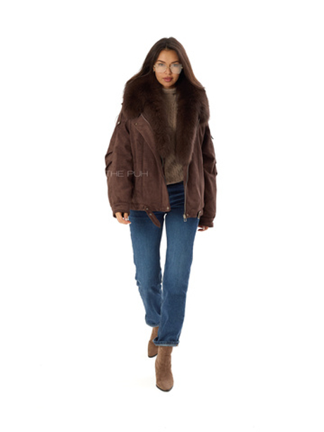Шоколадный пуховик из эко-замши с мехом