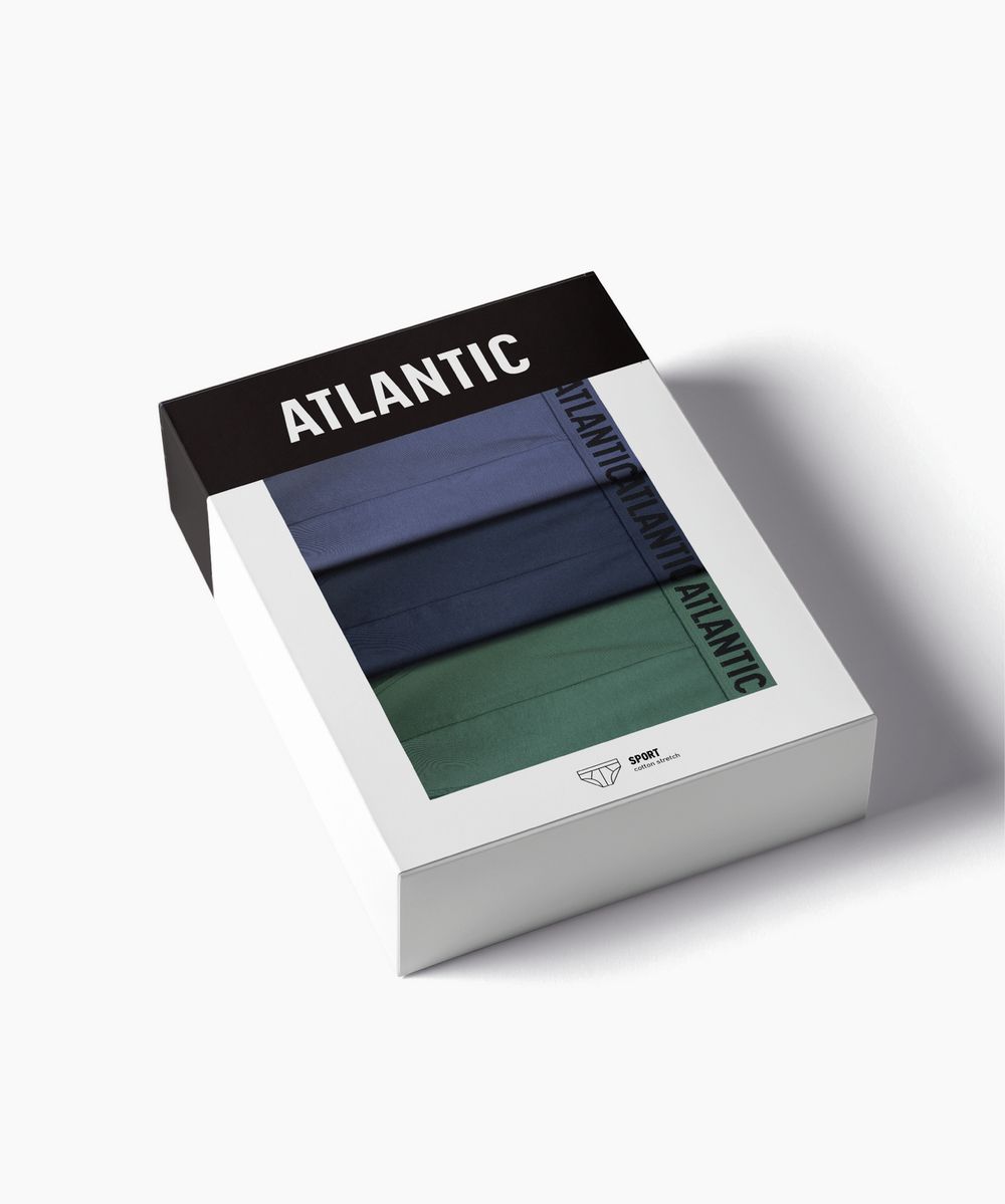Мужские трусы слипы спорт Atlantic, набор 3 шт., хлопок, светлый деним + индиго + темно-зеленые, 3MP-094