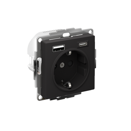 Розетка AtlasDesign 16А с 2-мя заряд. устройствами USB тип A+C 5В/2.4А 2х5В/1.2А механизм карбон SE ATN001032