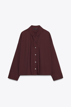 ZARA РУБАШКА ИЗ ПОПЛИНА С ПУГОВИЦАМИ, БУРГУНДИ