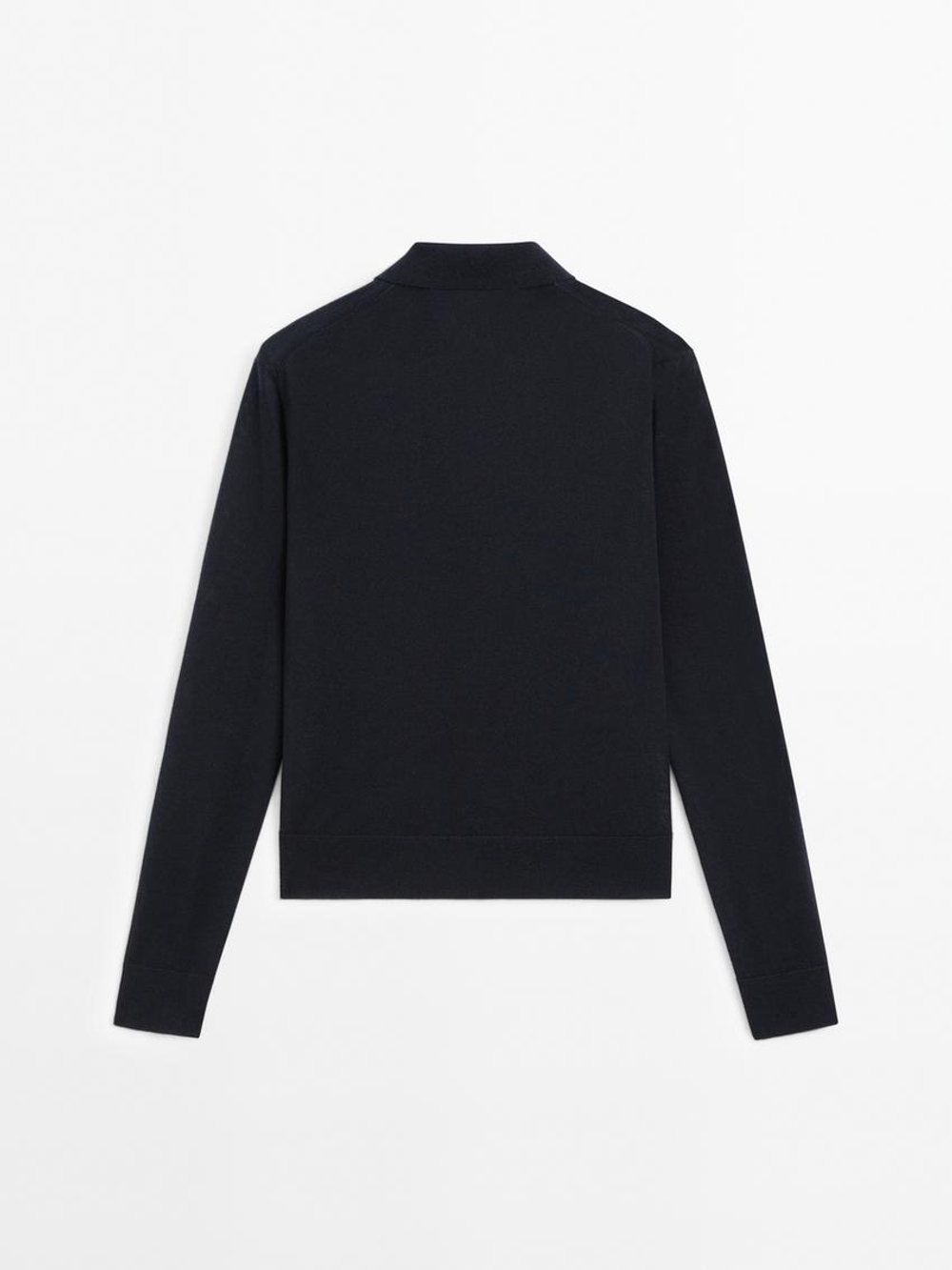 Massimo Dutti Свитер из 100% шерсти с воротником поло и пуговицами, темно-синий