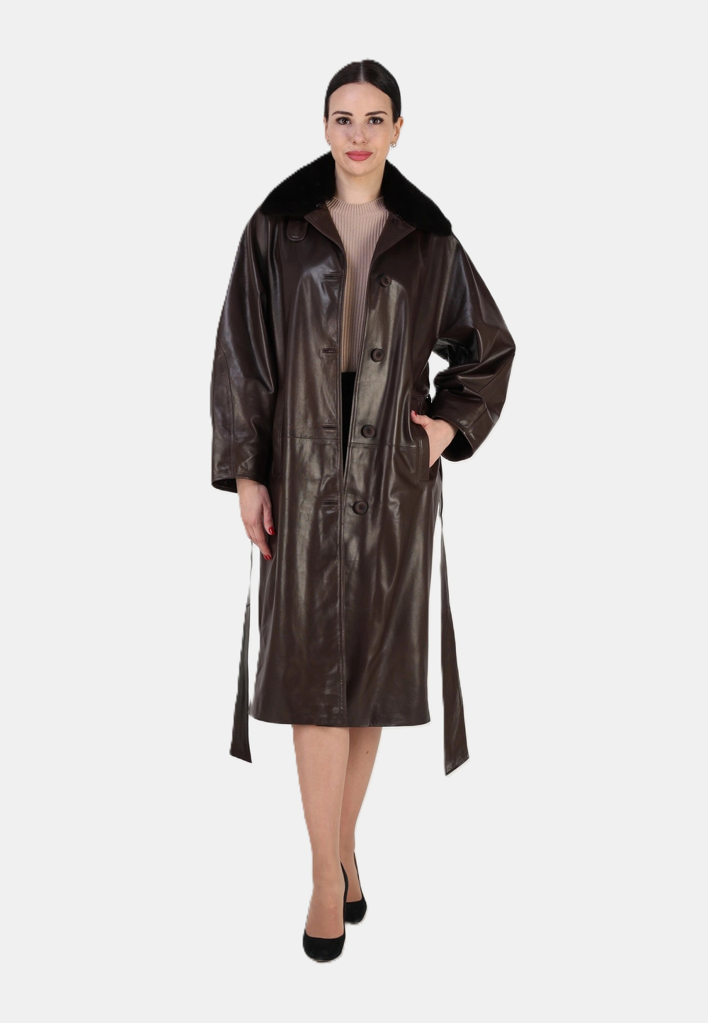 Кожаный плащ длинный, пальто длинное с мехом