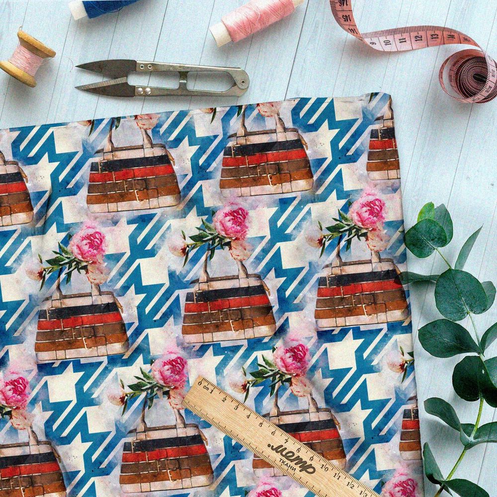 Ткань атлас яркие розы в горшке с мозаикой