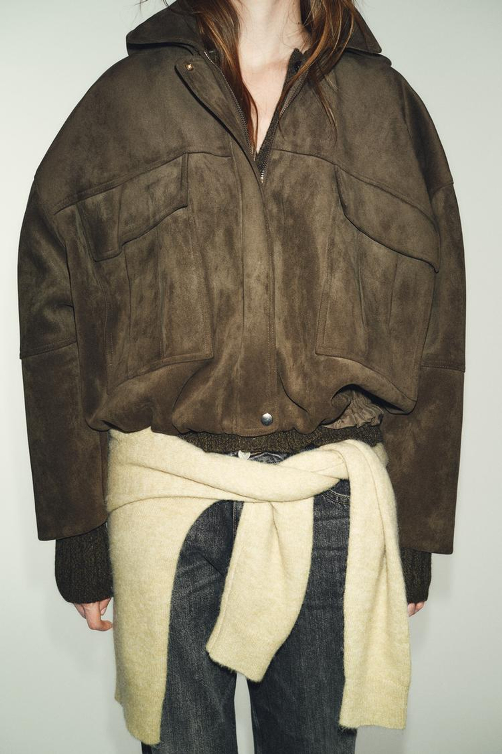 ZARA БОМБЕР ОВЕРСАЙЗ ИЗ ИСКУССТВЕННОЙ ЗАМШИ С КАПЮШОНОМ, ХАКИ