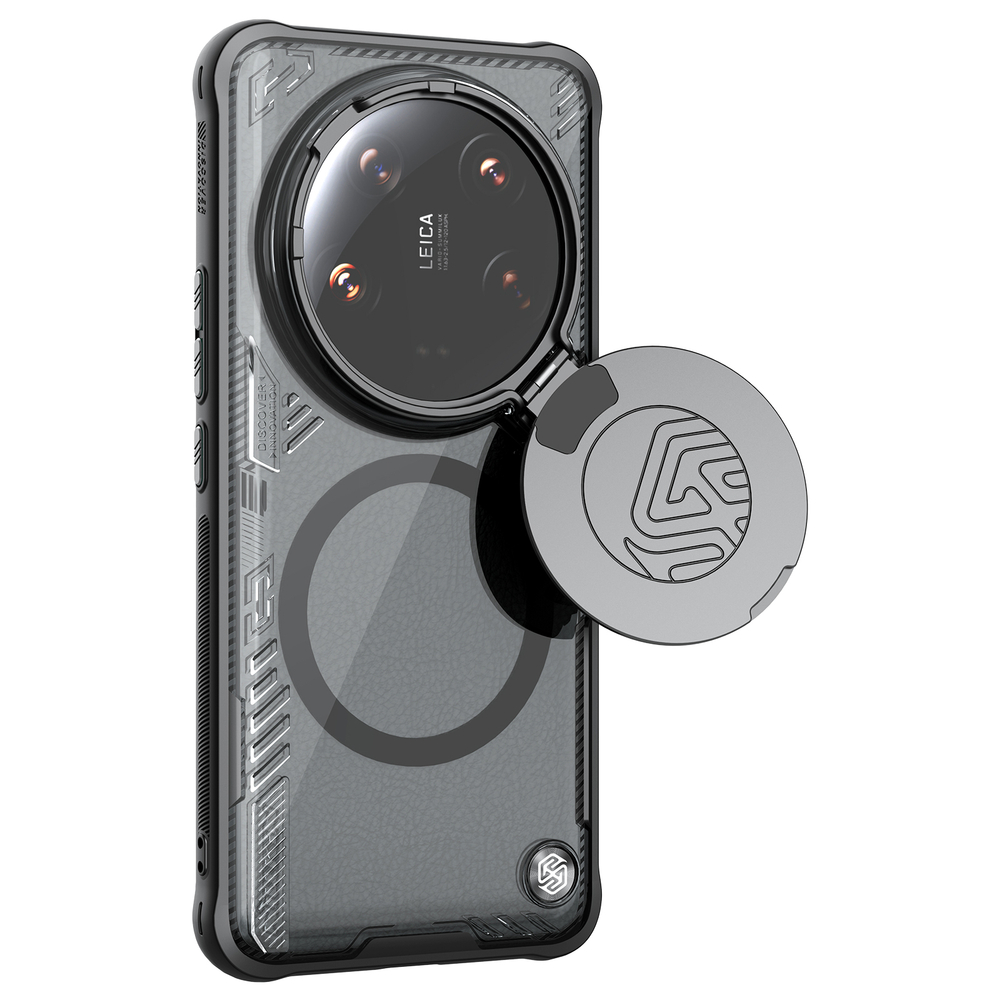 Чехол тонированный (Transparent Black) от Nillkin с металлической откидной крышкой и поддержкой магнитной беспроводной зарядки MagSafe на Xiaomi 14 Ultra, серия Iceblade Prop Magnetic Case