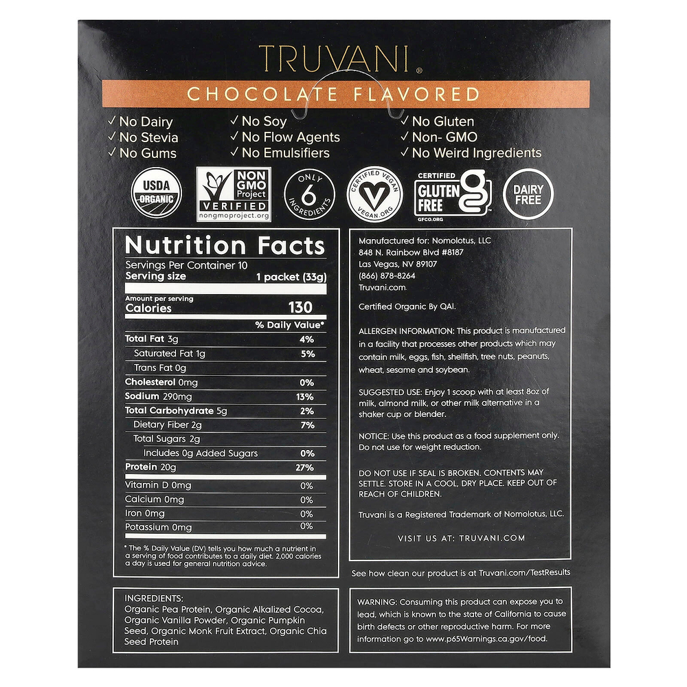 Truvani, протеин на растительной основе, с шоколадным вкусом, 10 пакетиков по 33 г (1,16 унции)