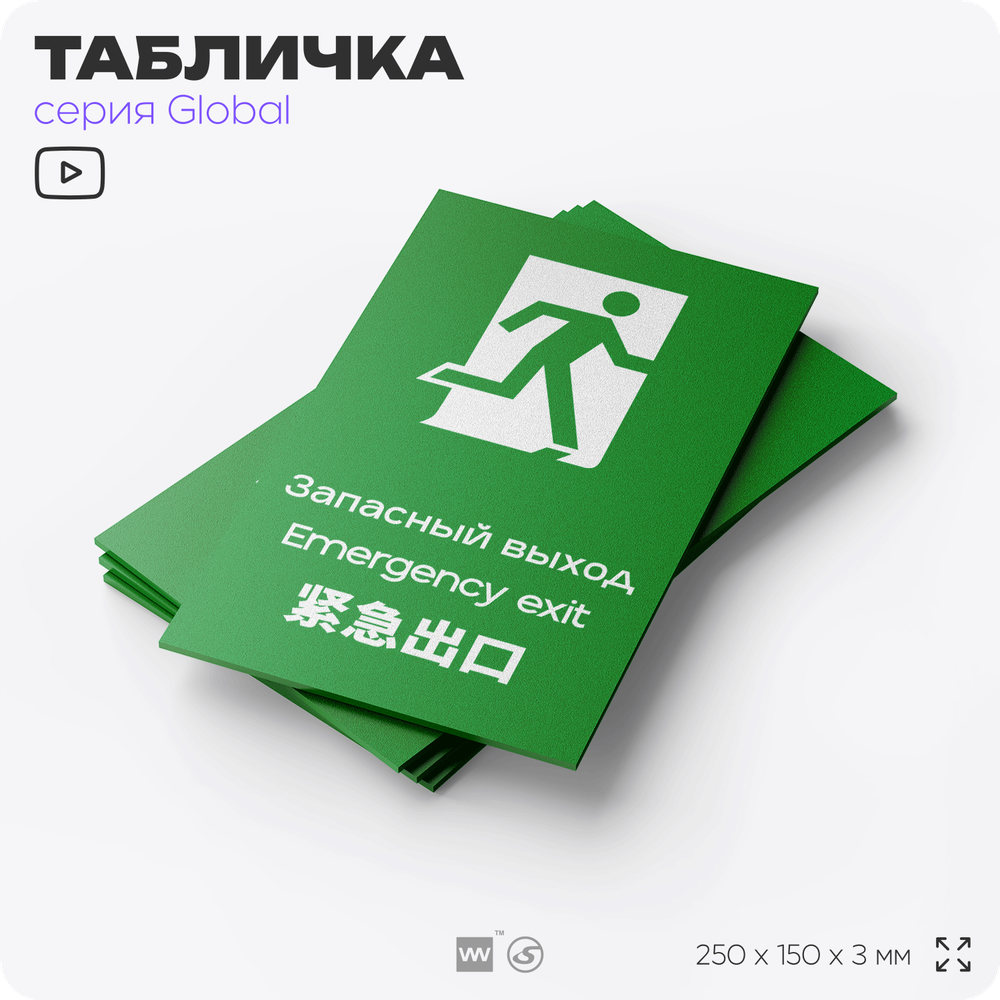 Табличка Запасный выход, на дверь и стену, информационная и мультиязычная (русский, английский, китайский), серия GLOBAL, 25х15 см, Айдентика Технолоджи