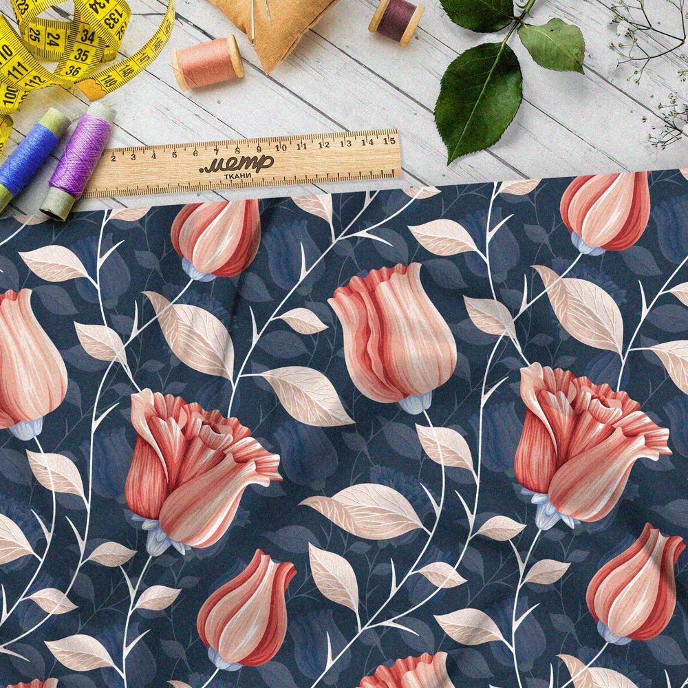 Ткань атлас пастельные бутоны роз на синем фоне