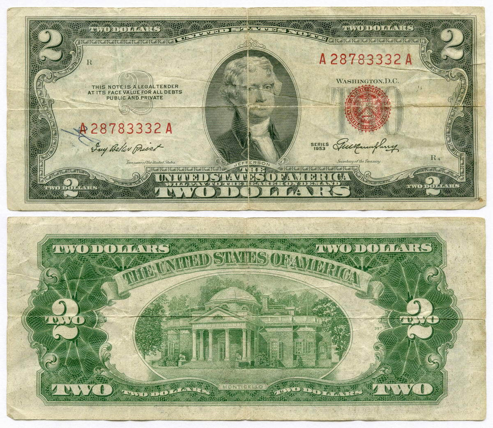 Банкнота США 2 доллара 1953 A 28783332 A. VG (надпись)