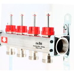 Группа коллекторная Uni-Fitt 1"х4 вых 3/4" с расходом. и термостат. вентилями без конц, нерж. сталь