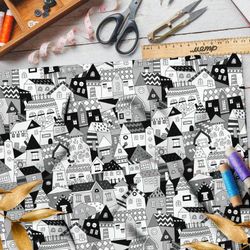 Ткань шелк Армани чёрно-белые резные дома