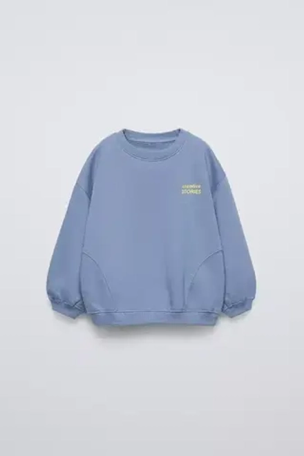 ZARA ОДНОТОННАЯ ТОЛСТОВКА С НАДПИСЬЮ, СТАЛЬНОЙ СИНИЙ