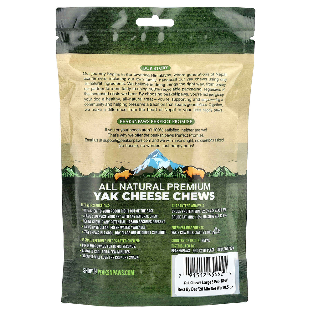 peaksNpaws, полностью натуральные жевательные таблетки с сыром як премиального качества, большие, 3 жевательные таблетки 10,5 унции