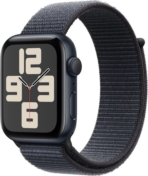 Умные часы Apple Watch SE 2024 44 мм из алюминия цвета «тёмная ночь», нейлоновый браслет темно-синего цвета