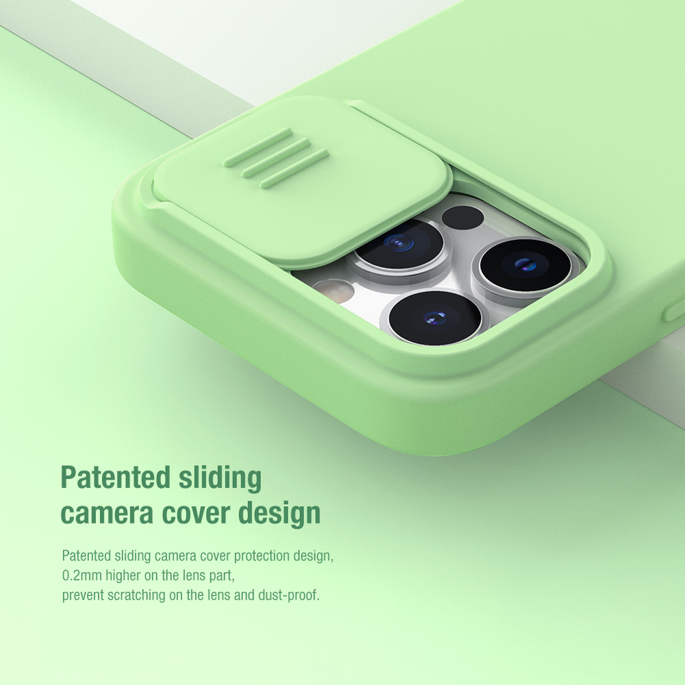 Чехол мятного цвета (Mint Green) с мягким шелковистым покрытием от Nillkin для iPhone 13 Pro, серия CamShield Silky Silicone Case с защитной шторкой для камеры