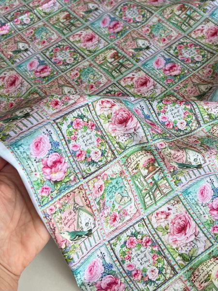 ЛЕТНЕЕ УТРО, купон 20 x 110 cм, 100% хлопок. ЦВЕТЫ, ПТИЦЫ, РОЗОВЫЙ, БИРЮЗОВЫЙ. 3