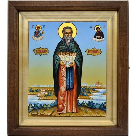 Стилиан Пафлагонский с предстоящими Богородицей и Спасителем. Рукописная икона на живописном фоне.