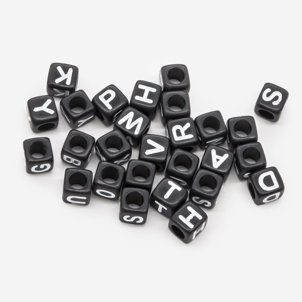Бусины-кубик с буквами "Английский алфавит", 6мм, черный, акрил