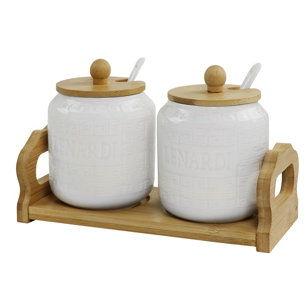 Lenardi 140-120 Набор из 2 банок 350мл для специй с ложками на подставке BAMBOO в под.уп.(х24)Фарфор
