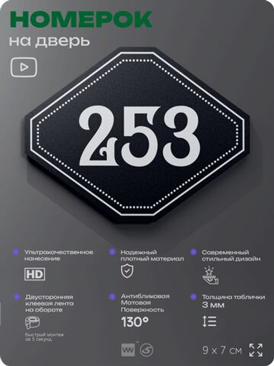 Номерок на дверь квартиры 253, для кабинета, офиса, шильдик 9 х 7 см, черный, Айдентика Технолоджи