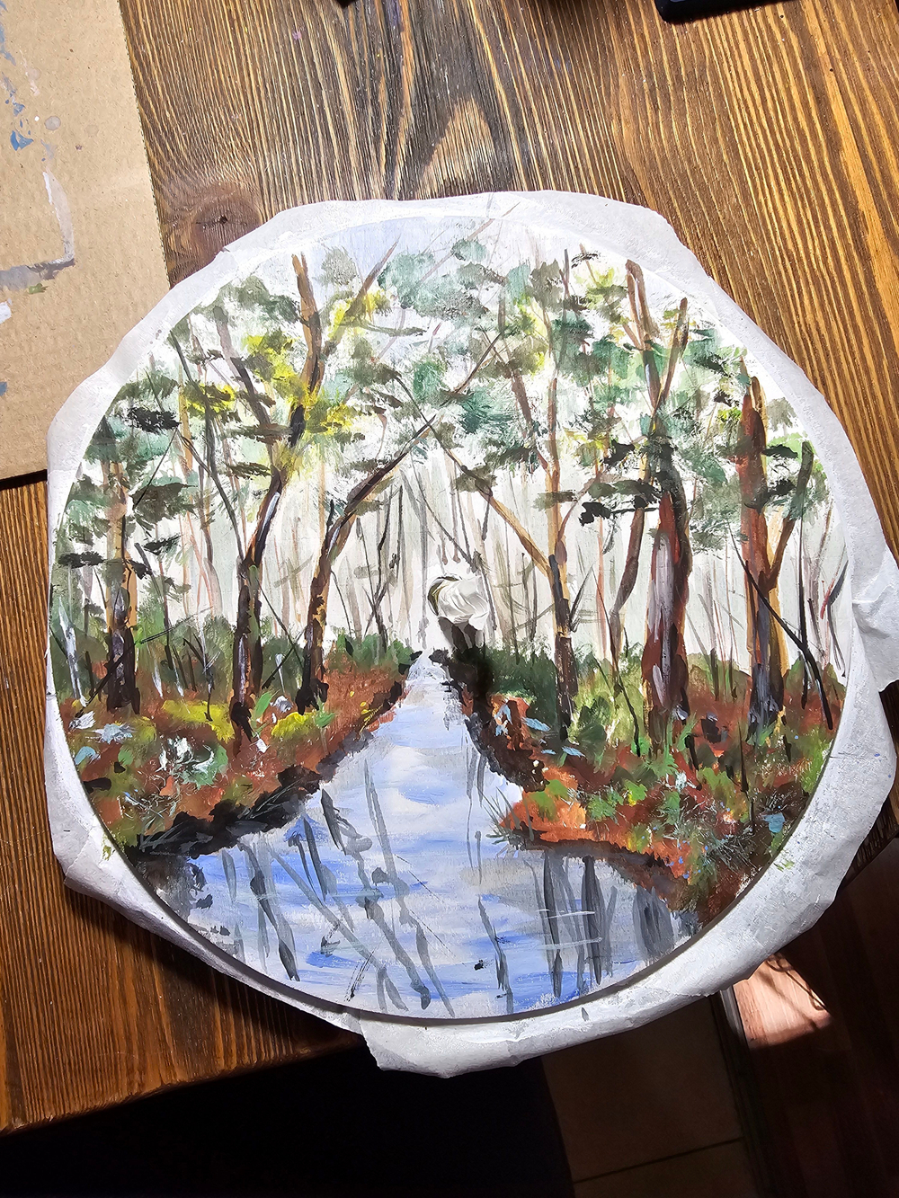 Часы настенные с ручной авторской картиной акрилом "Лесной ручей" круглые 25см