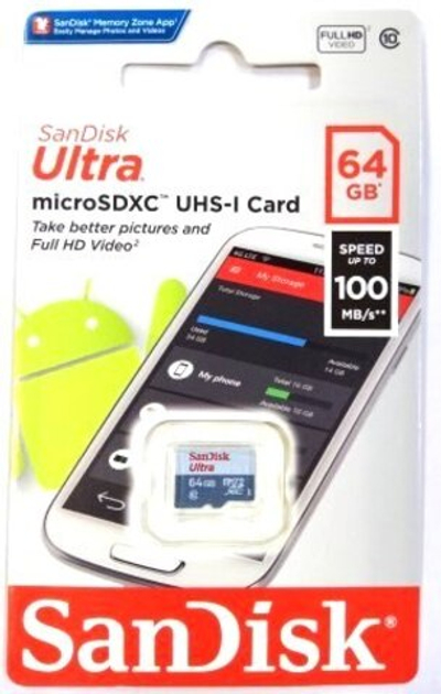 Карта памяти MicroSD  64GB  SanDisk Class 10 Ultra Light UHS-I  (100 Mb/s)