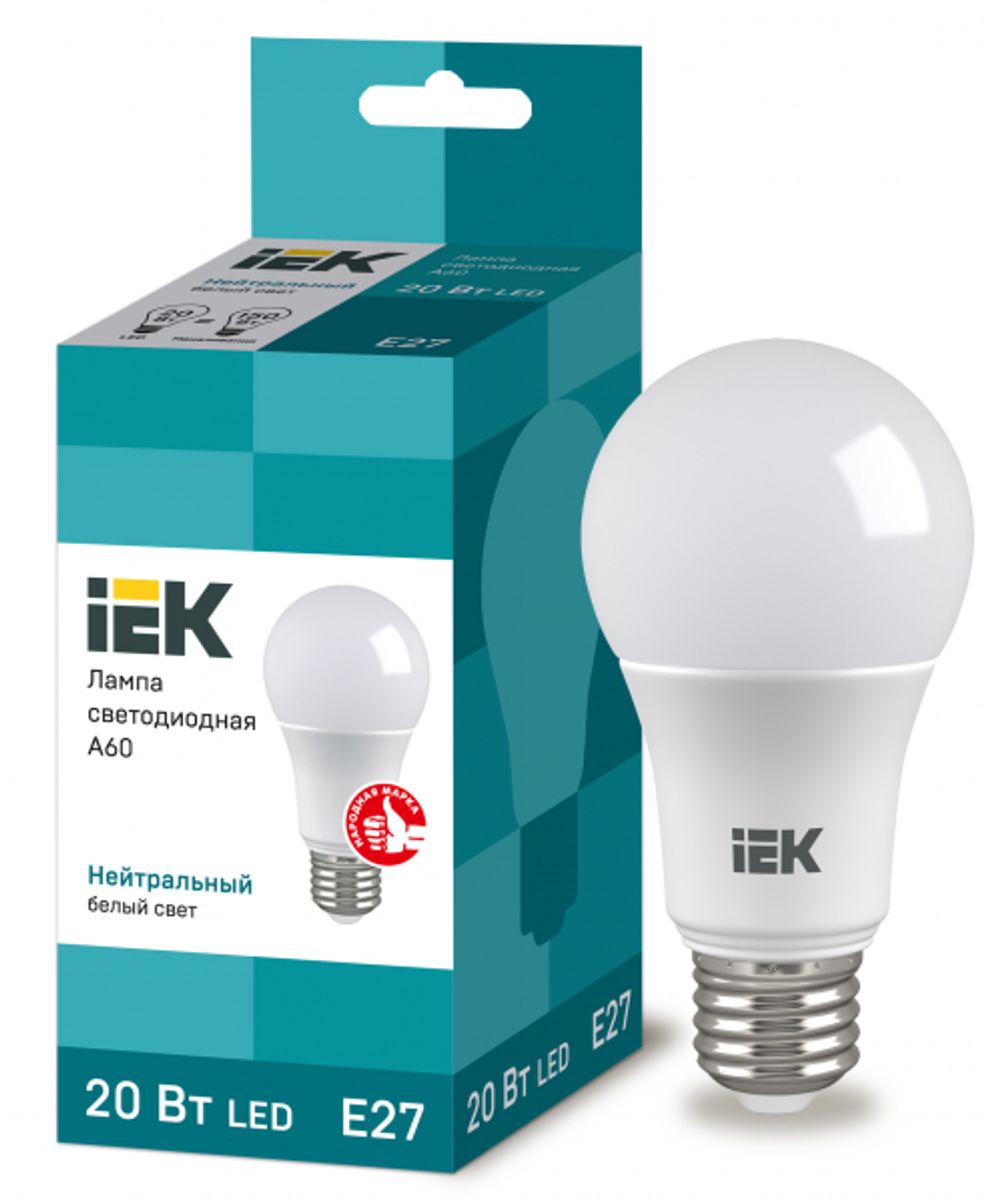 Светодиодная лампа IEK A60 20Вт 230В 4000К E27 код. 394473