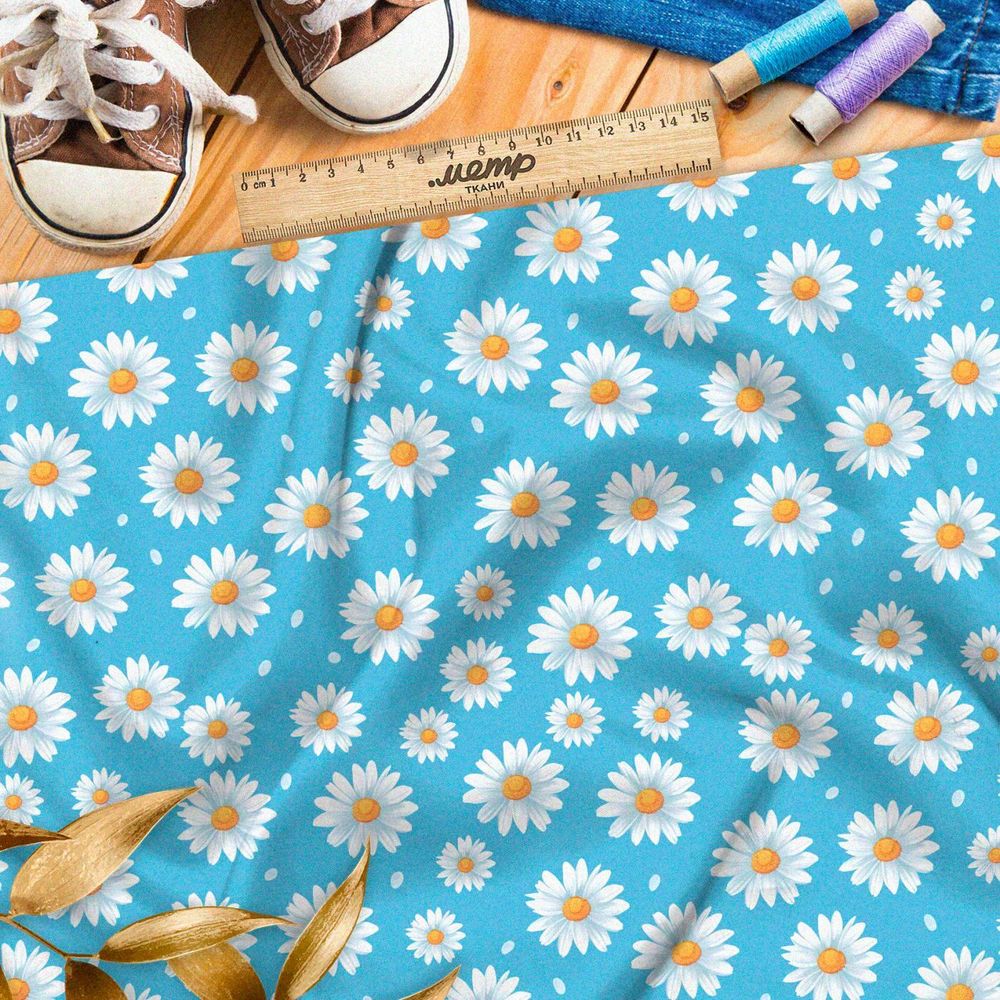 Ткань премиум шелк искусственный Армани ромашки на голубом