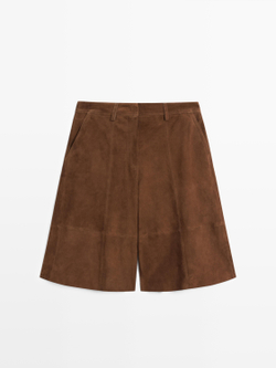 Massimo Dutti Длинные замшевые кожаные шорты-бермуды, коричневый