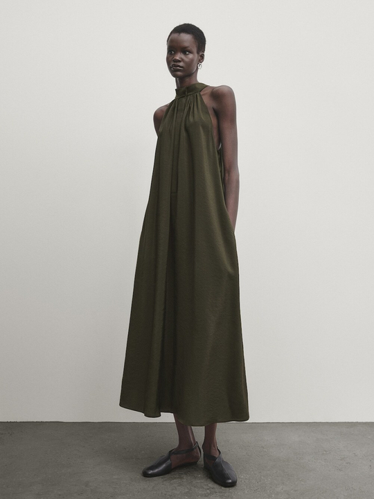 Massimo Dutti Платье миди на бретелях, темно-зеленый