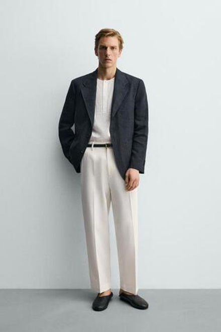 ZARA БРЮКИ REGULAR FIT ИЗ ВИСКОЗЫ И ХЛОПКА, ЖЕЛТОВАТО-БЕЛЫЙ